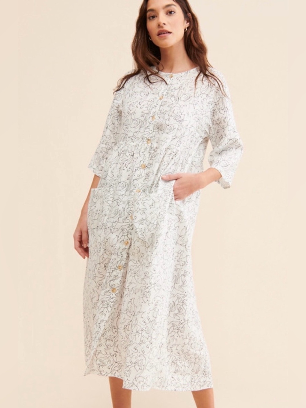 L.F. Markey Sammy Dress 2 Squiggle Print Midi Linen Relaxed Oversized Pockets